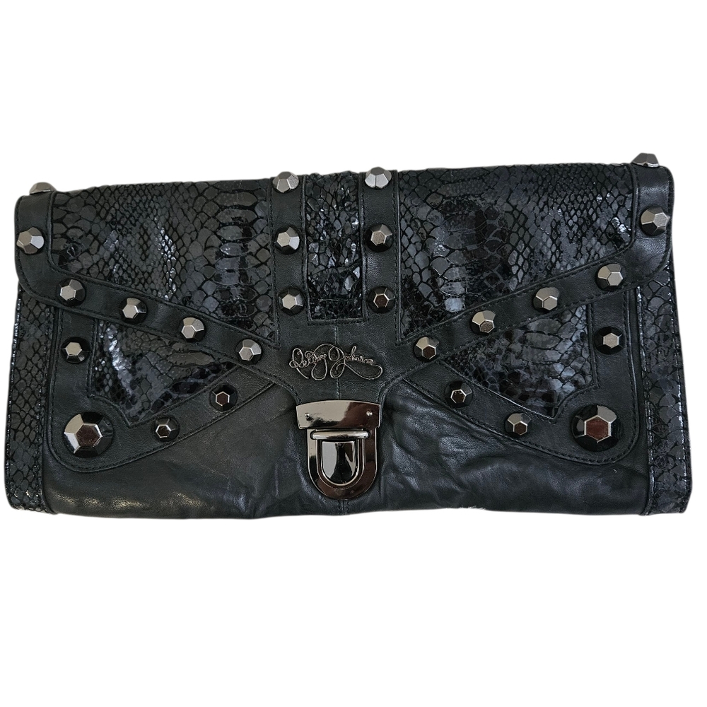 Betsey Johnson Black Faux Leather Studded Clutch Snakeskin Embossed Glam Purse